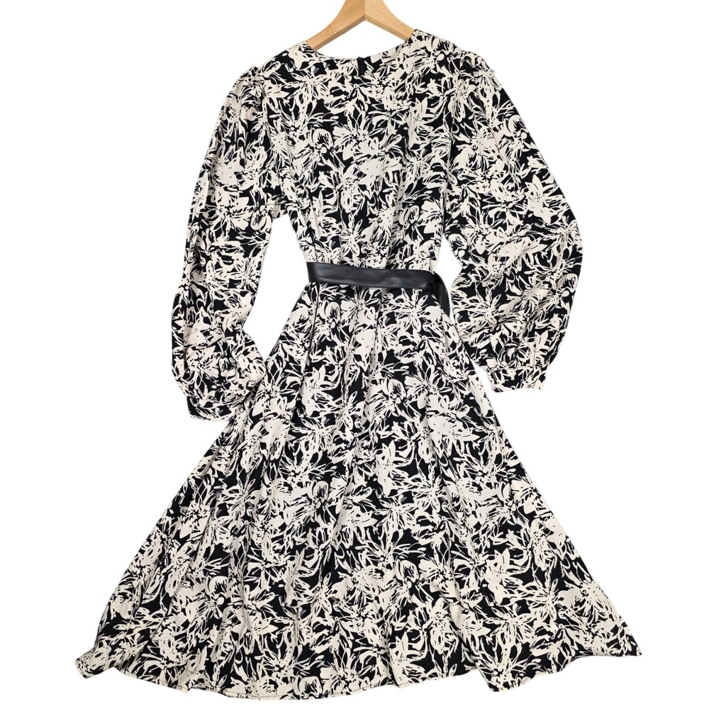 Floral Midi Dress Long Sleeve Women L Black White NWT Flowy Sophisticated Chic
